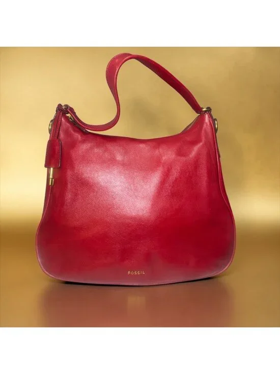 Fossil Memoir Hobo ZB5475 Regal Red All Leather Slouchy Shoulder Bag Key Charm - Picture 2 of 11